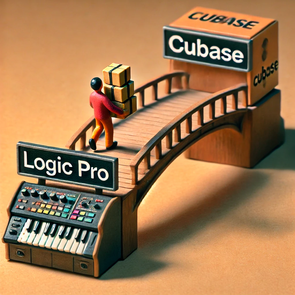 "Logic ProからCubaseへの移行を象徴するアート作品。橋の形をしたキーボードで、一方の端には'Logic Pro'のロゴが、他方には'Cubase'のロゴがあります。橋を渡っている人物がCubase側に向かって荷物を運んでいます。"